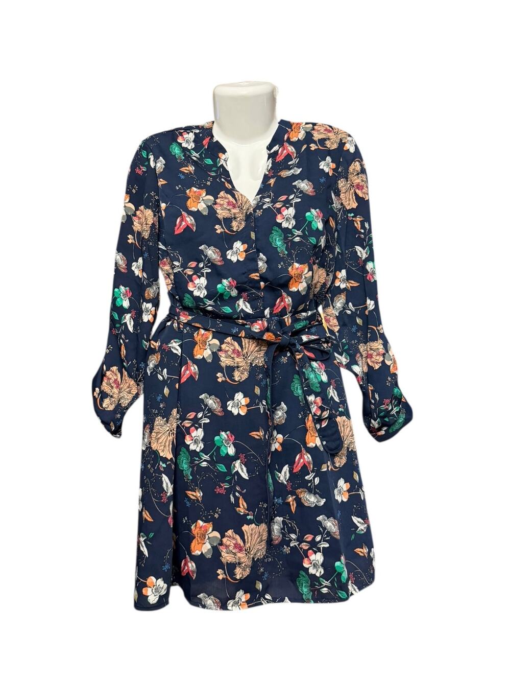 VERO MODA 4-Button Front Tie Waist Navy Floral Roll Sleeve Lined Dress | Size M